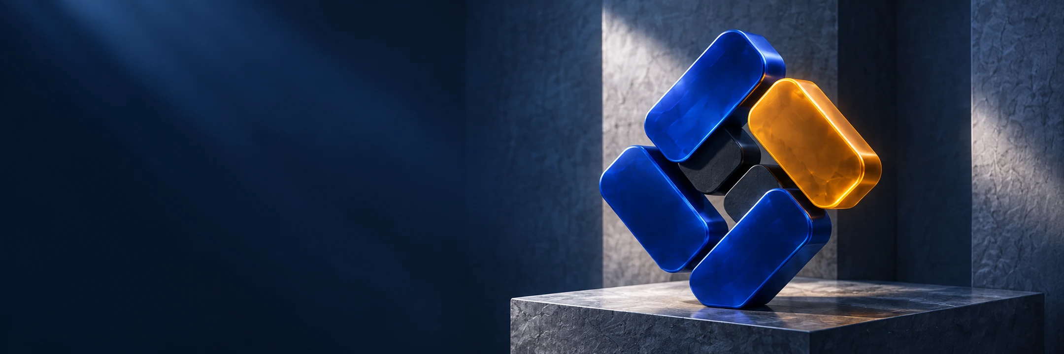 Símbolo Defensops azul y ámbar sobre un pedestal, aplicación de marca en 3D
