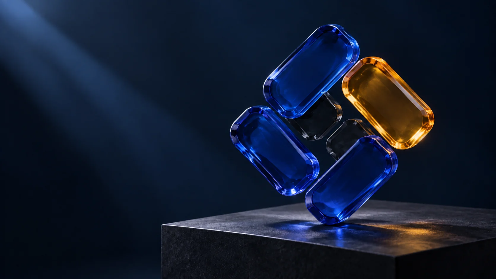 Símbolo de Defensops en cristal azul y ámbar