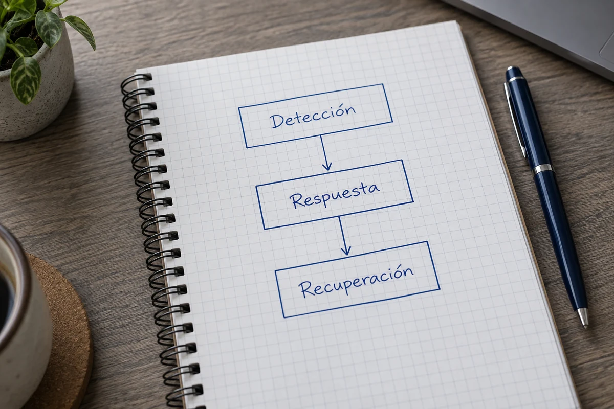 Cuaderno ilustrativo con las etapas de detección, respuesta y recuperación