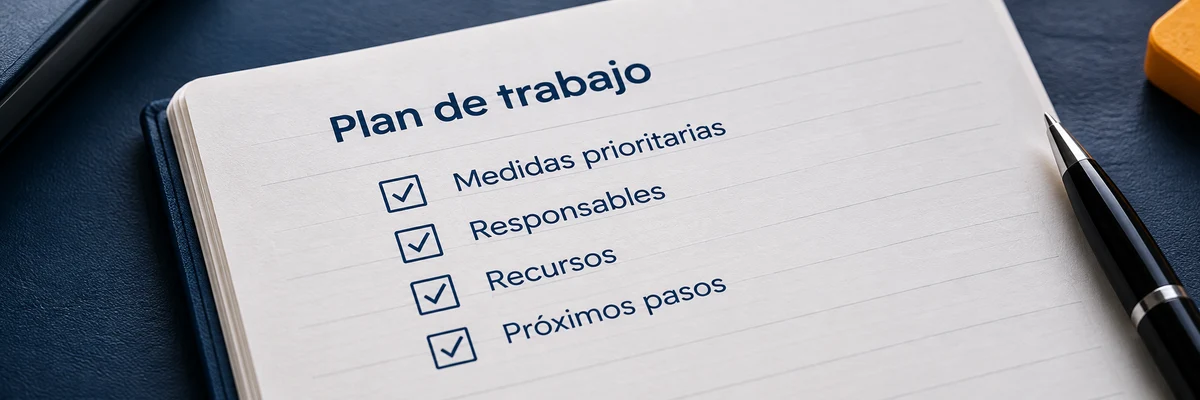 Plan de trabajo con medidas, responsables, recursos y próximos pasos, imagen ilustrativa