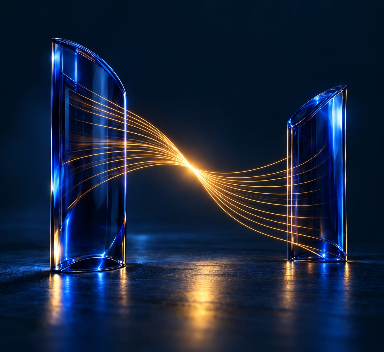 Dos piezas de cristal azul conectadas por finos haces de luz ámbar.
