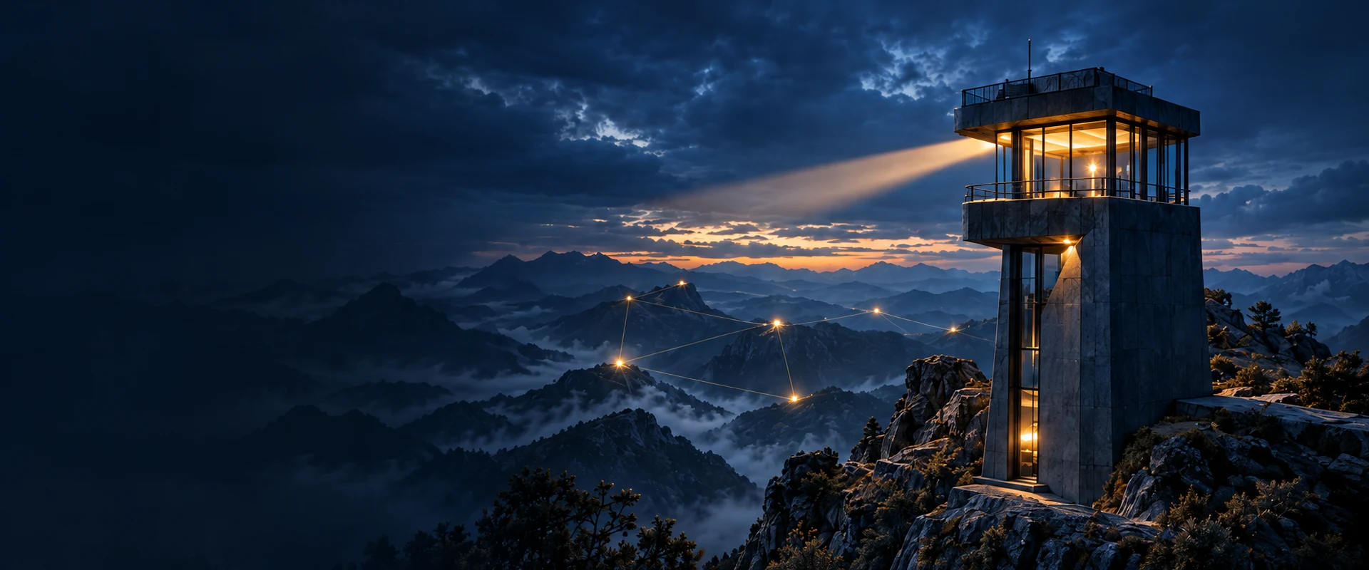 Torre de observación sobre montañas conectadas por señales ámbar. Ilustración conceptual.