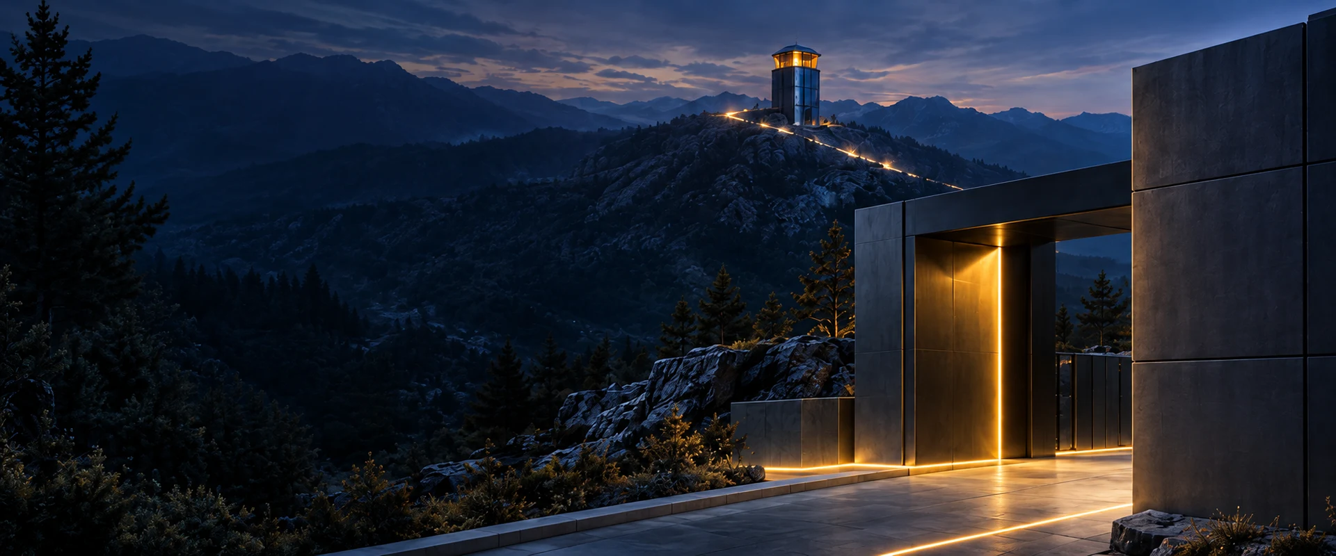 Puerta arquitectónica y atalaya conectadas a través de un paisaje montañoso. Ilustración conceptual.